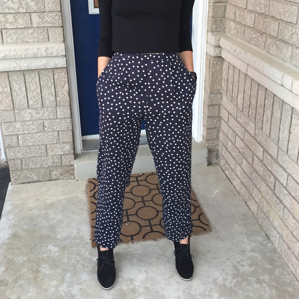 100% rayon navy/white highwaisted polka dot pants